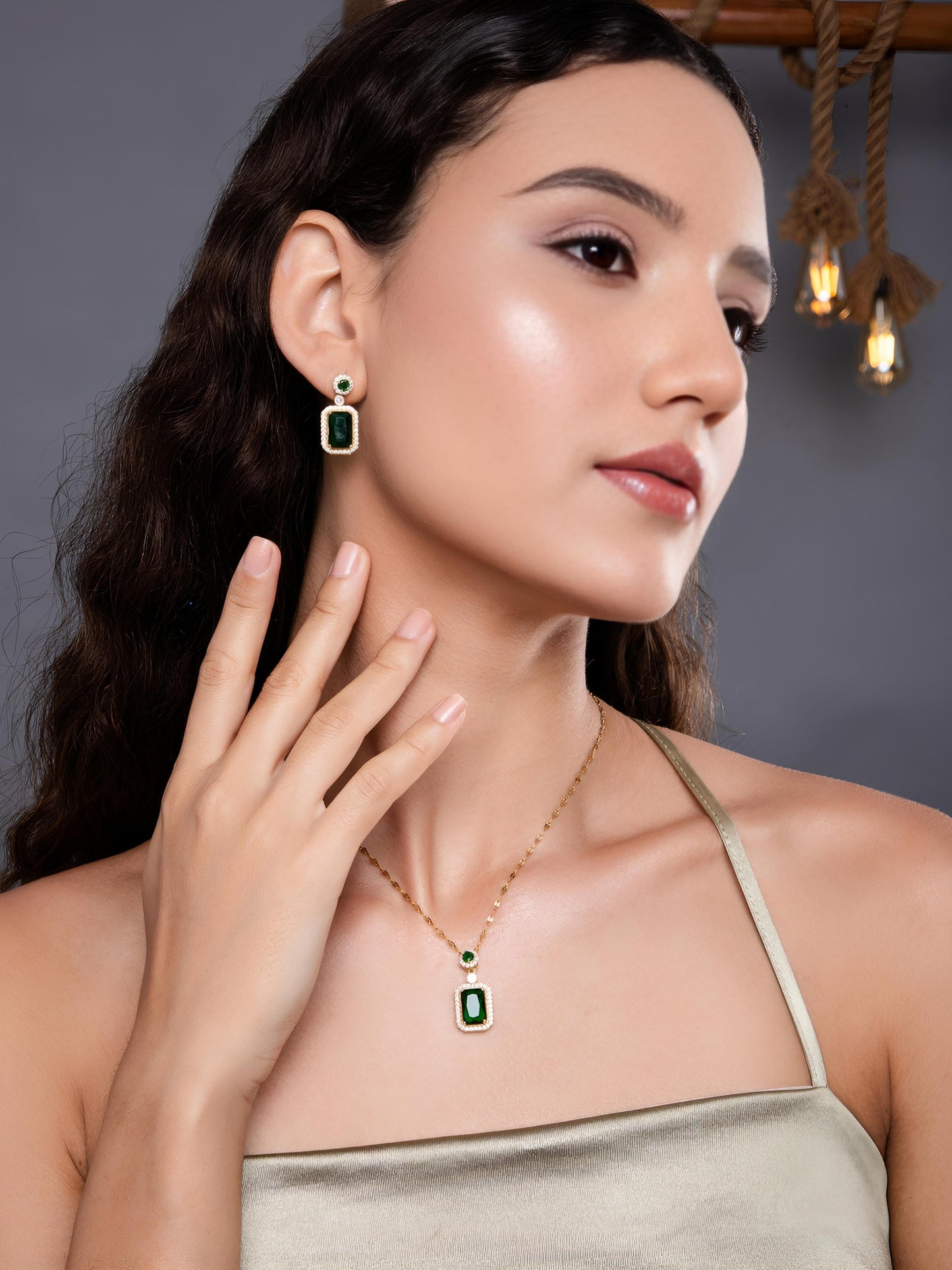 Ana De Armas Green Emerald Necklace and Earrings Set - 18K Gold Plated by Gleamy