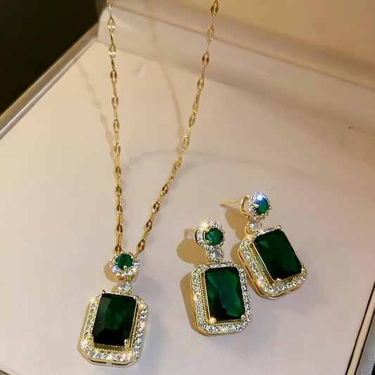 Ana De Armas Green Emerald Necklace and Earrings Set - 18K Gold Plated by Gleamy
