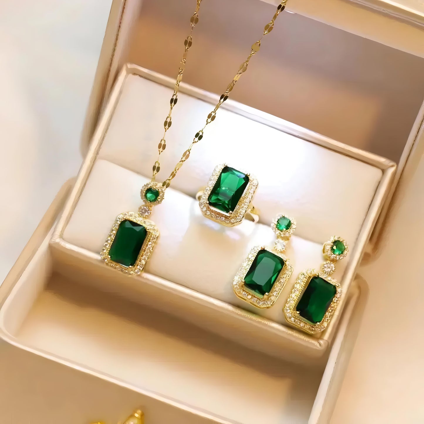 Ana De Armas Green Emerald Necklace and Earrings Set - 18K Gold Plated by Gleamy