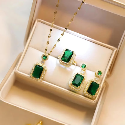 Ana De Armas Green Emerald Necklace and Earrings Set - 18K Gold Plated by Gleamy