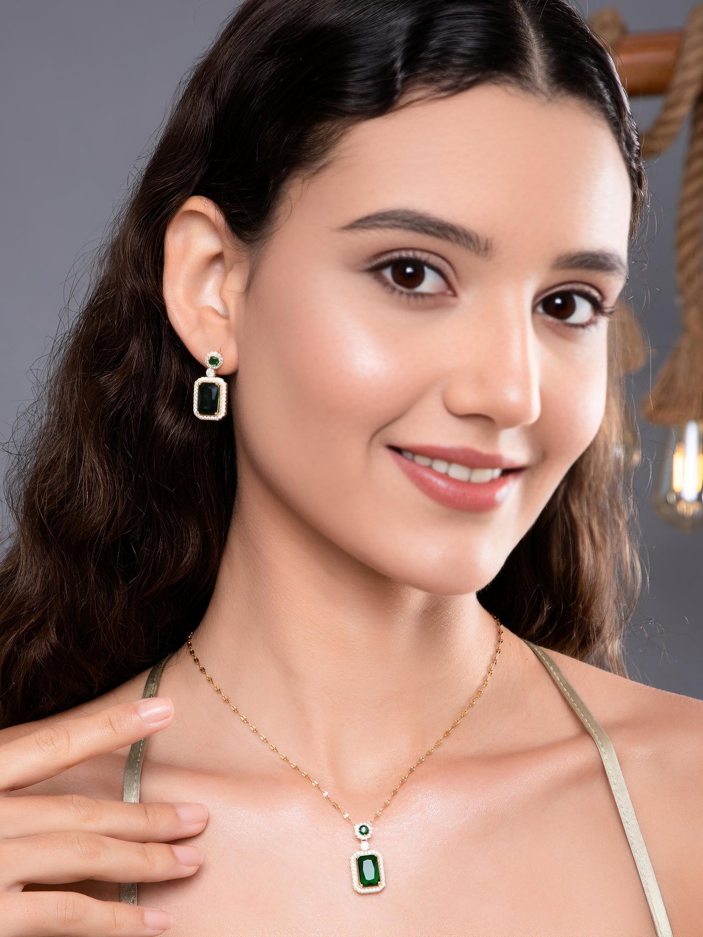 Ana De Armas Green Emerald Necklace and Earrings Set - 18K Gold Plated by Gleamy