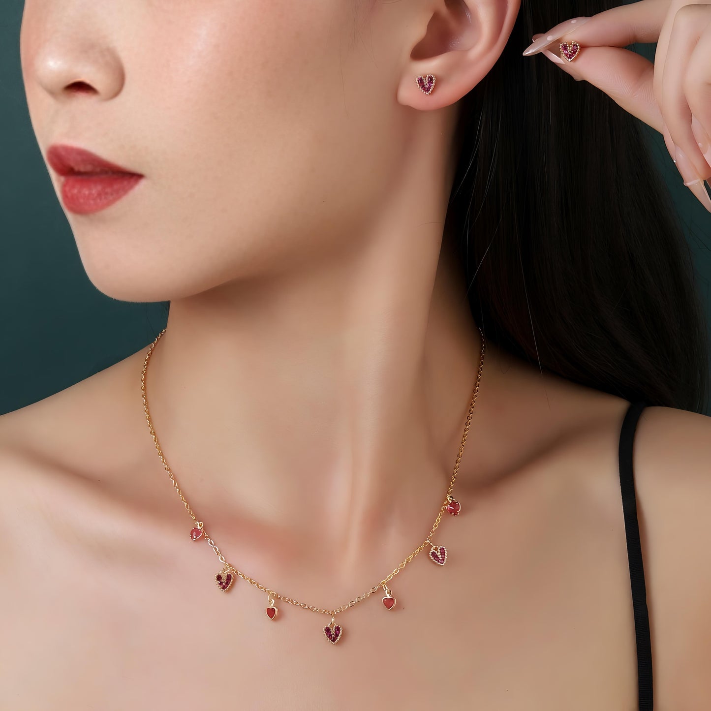 Ruby Kiss Necklace and Earrings Set by Gleamy