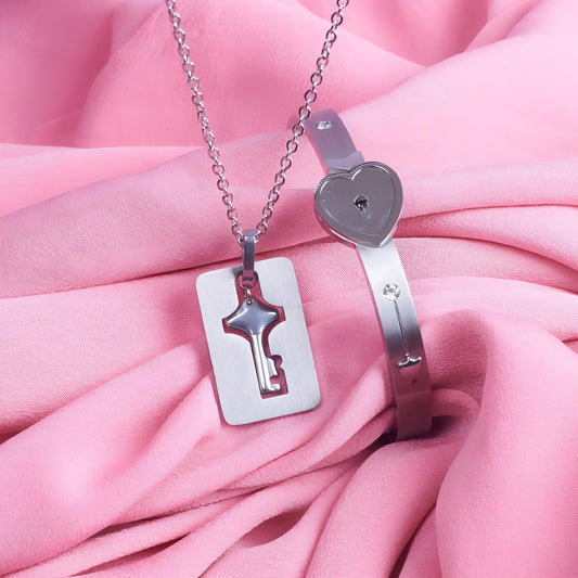 Silver Lock and Key Love Bracelet and Necklace set by Gleamy