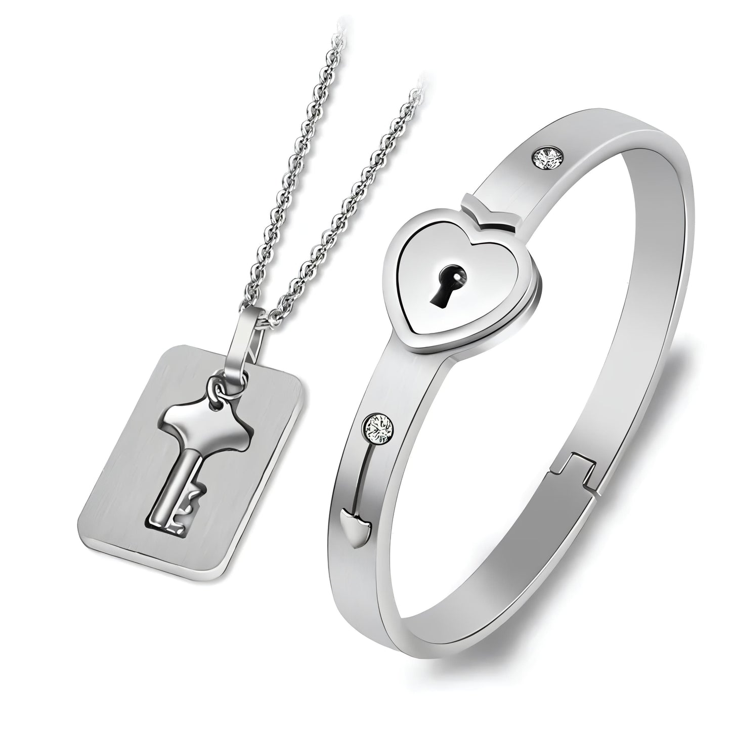 Silver Lock and Key Love Bracelet and Necklace set by Gleamy