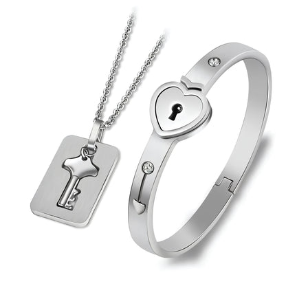 Silver Lock and Key Love Bracelet and Necklace set by Gleamy