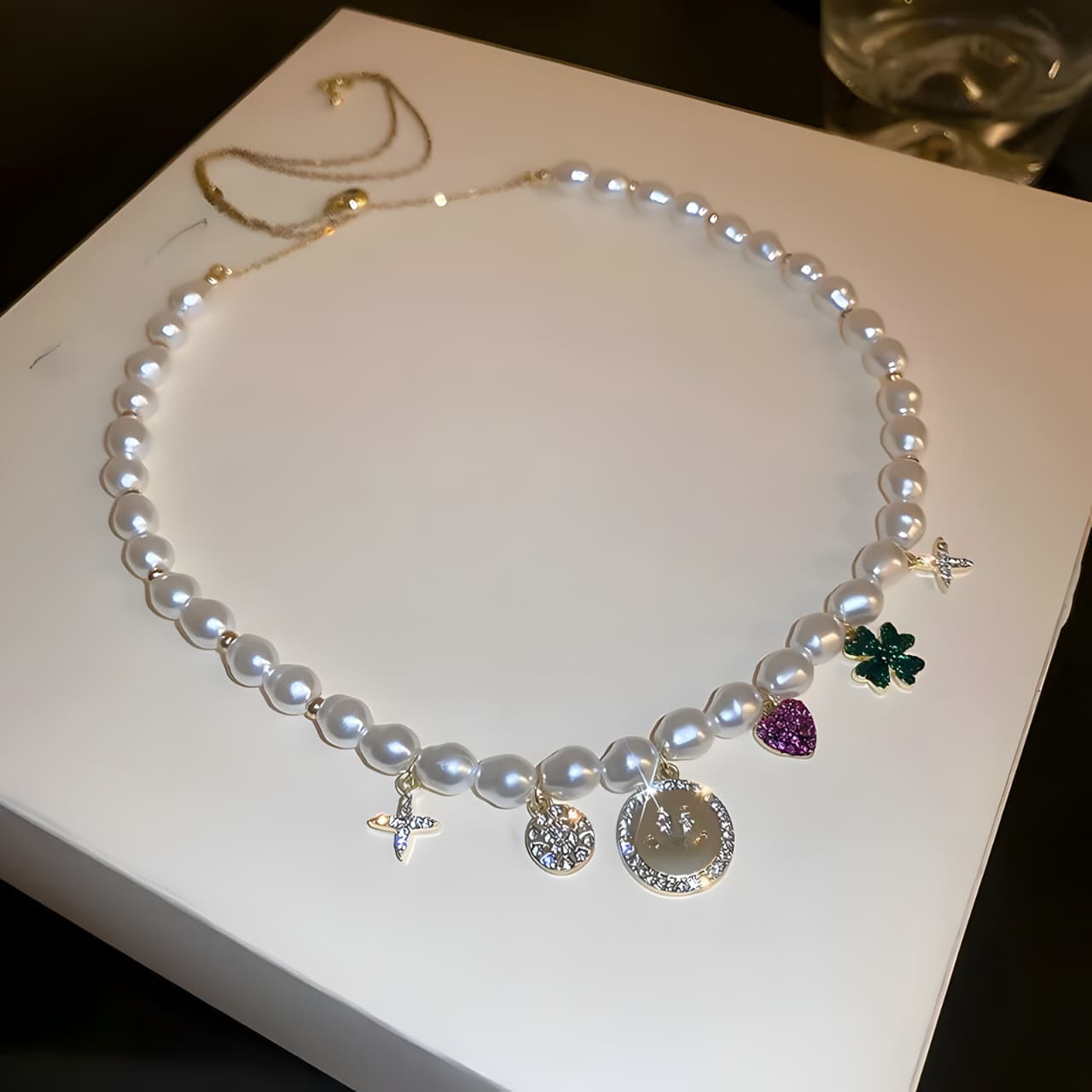 Sleek Pearl Tassel charm Statement Necklace by Gleamy