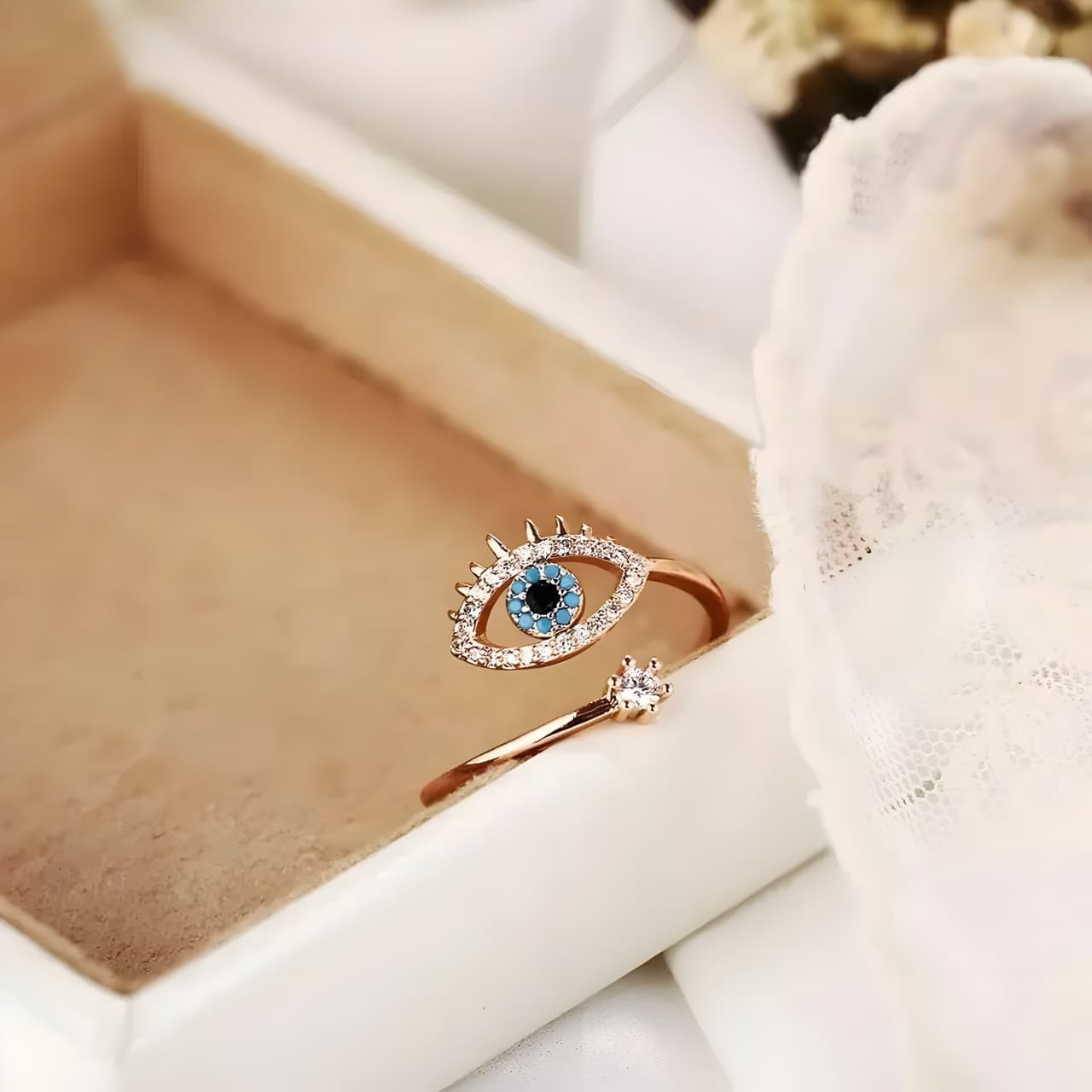 Cute Evil Eye Adjustable Ring - Rose Gold by Gleamy