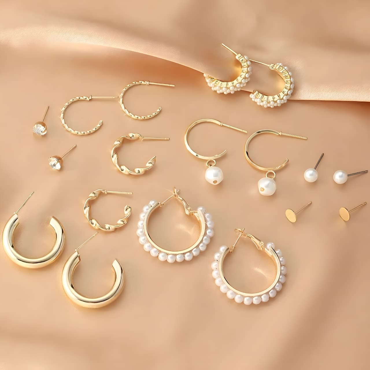 Set of 9 Gold Chunky Real Freshwater Pearl Hoops and Studs by Gleamy