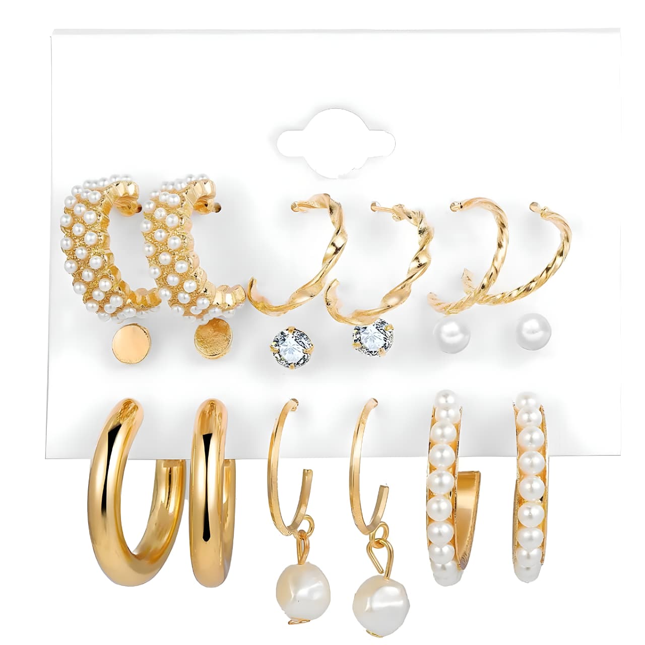 Set of 9 Gold Chunky Real Freshwater Pearl Hoops and Studs by Gleamy