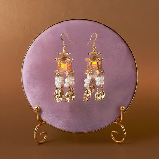 Traditional Lantern Pearl Tassel Earrings by Gleamy