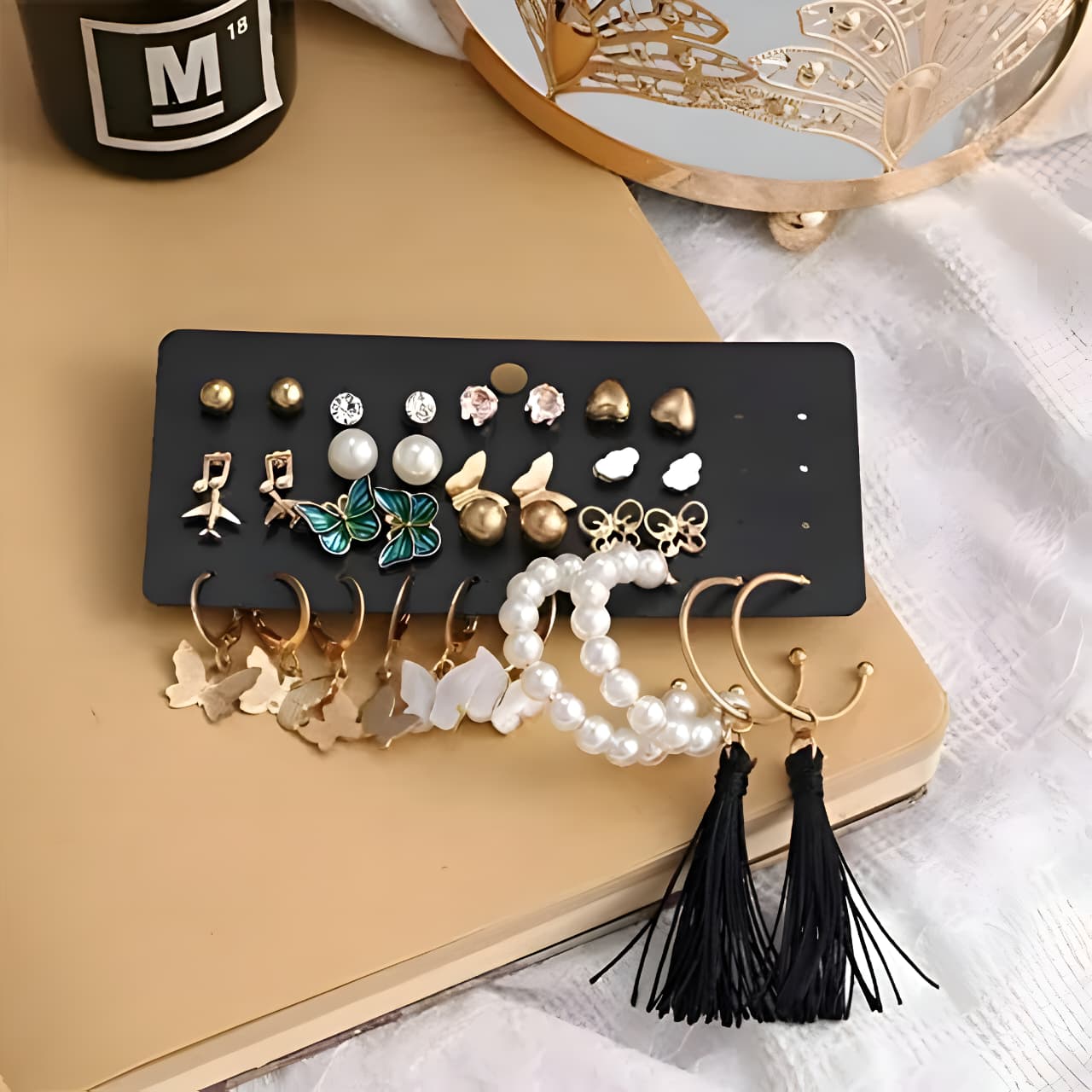 Set of 17 Bohemian Long Tassel Drop Statement Earrings and Studs by Gleamy