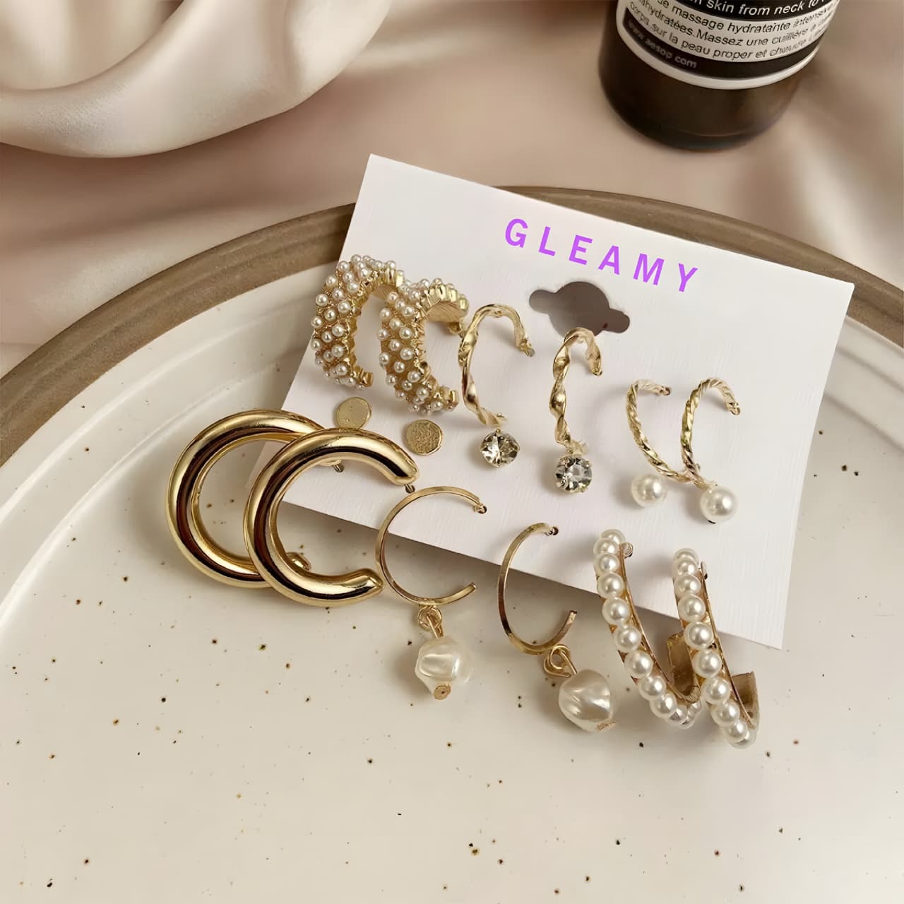 Set of 9 Gold Chunky Real Freshwater Pearl Hoops and Studs by Gleamy