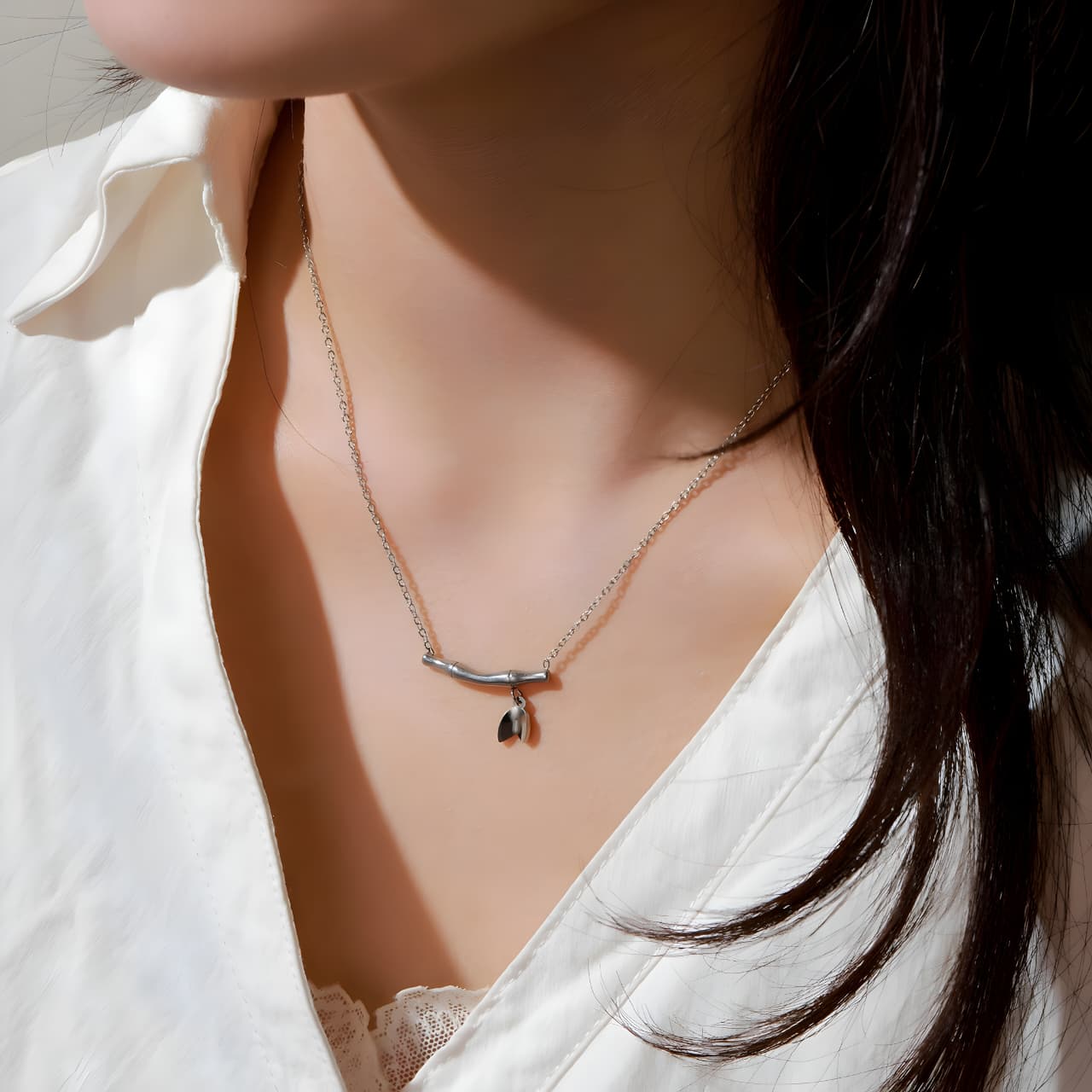 Bamboo Bloom Silver Necklace by Gleamy