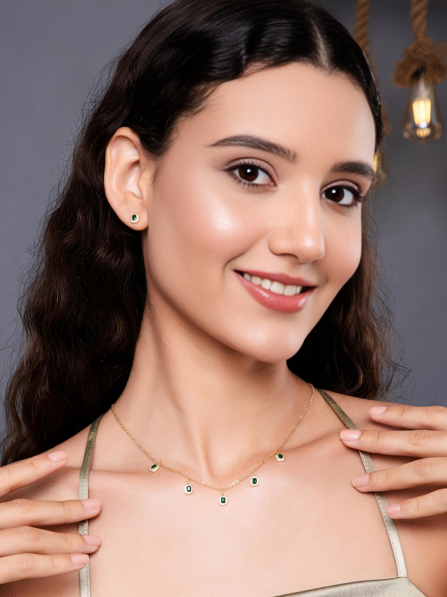 Emerald Tassel Necklace and Earrings Set by Gleamy